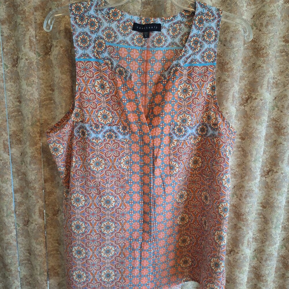 Coral/lt blue mixed media medallion print top Sanctuary Large